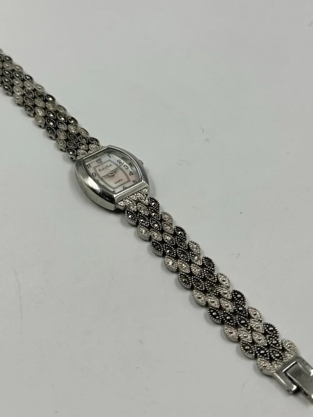Peck & Peck Watch Silver Tone Marcasite Band MOP Dial New Battery 7 Inch